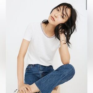 Madewell - Whisper Cotton Ringer Tee - White with Striped Collar - Medium